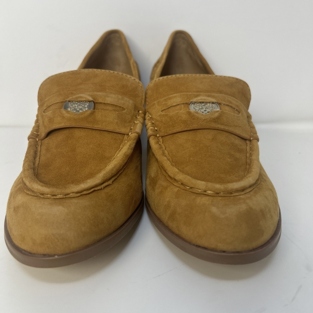 Vince Camuto Carissla Suede Penny Loafer Block Heel Pump Golden Rod 9.5 M NIB - Picture 2 of 11